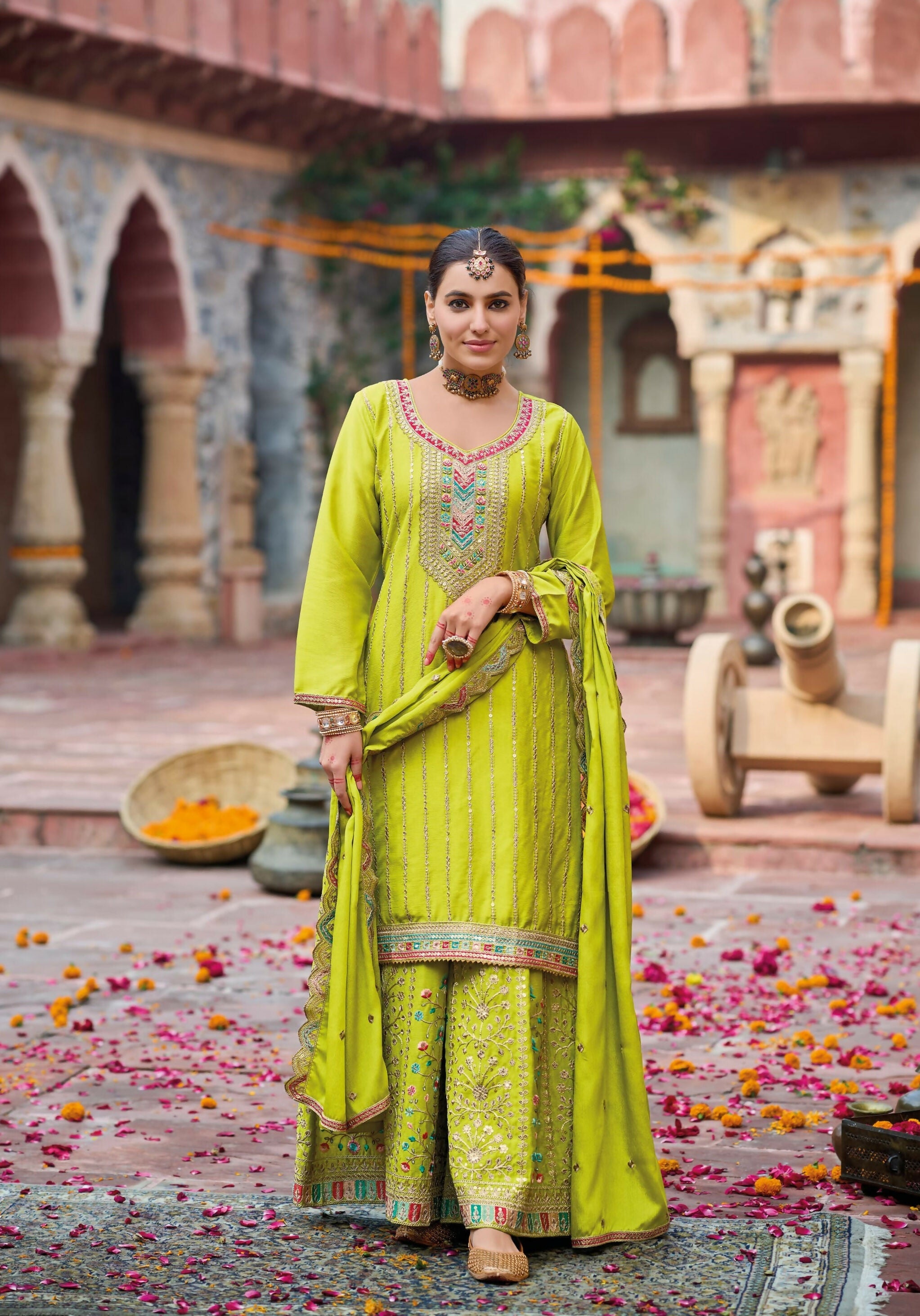 Anaita Lime Yellow Premium Embroidery Dhaga Sequin Work Ready Made Suit - Distacart