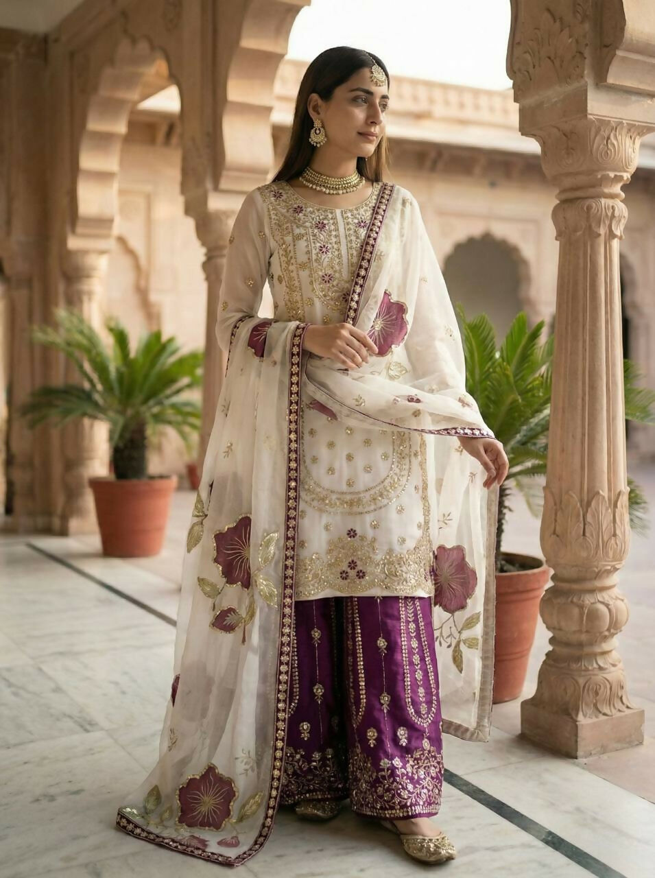 Teeya Creation Wine Gimmy Silk Designer Embroidery Work Wedding Wear Palazzo Pair - Distacart