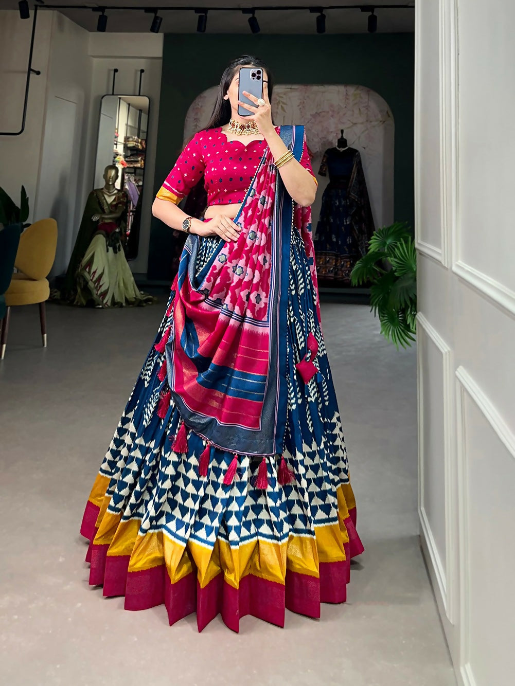 Vastranavya Traditional Printed Tusser Silk Lehenga Choli - Blue