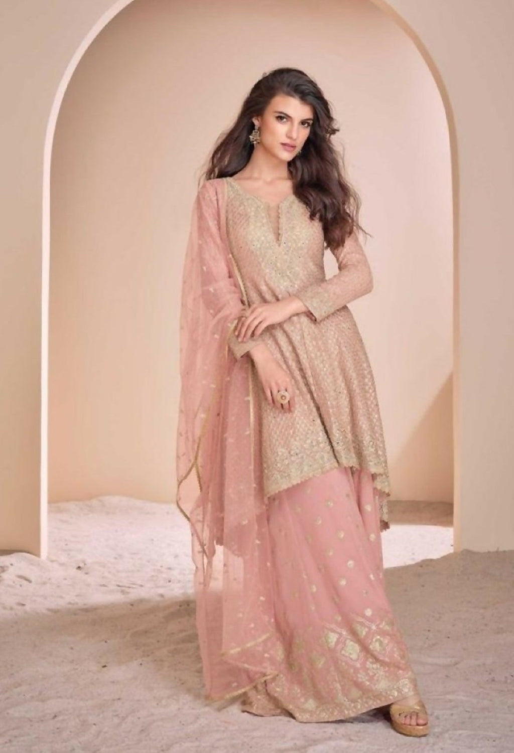 Anaita Peach Georgette Readymade Suit with Codding Dori & Sequence Work - Distacart
