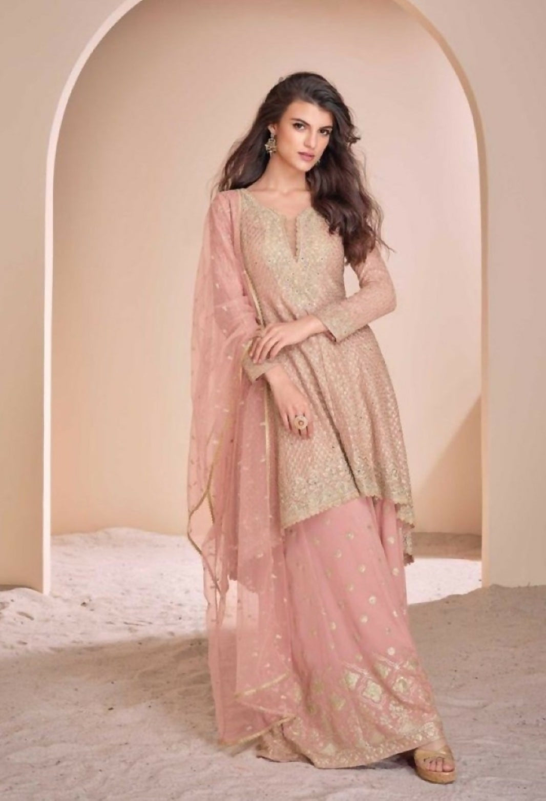Anaita Peach Georgette Readymade Suit with Codding Dori & Sequence Work - Distacart