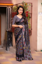 Black Silk Blend Ethnic Motifs Saree with Unstitched Blouse - A2M