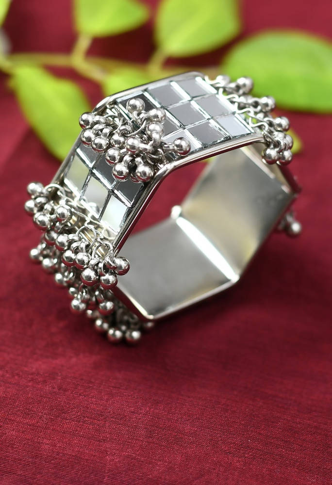 Mominos Fashion Kamal Johar Mirror Oxidised Silver Bangles Set