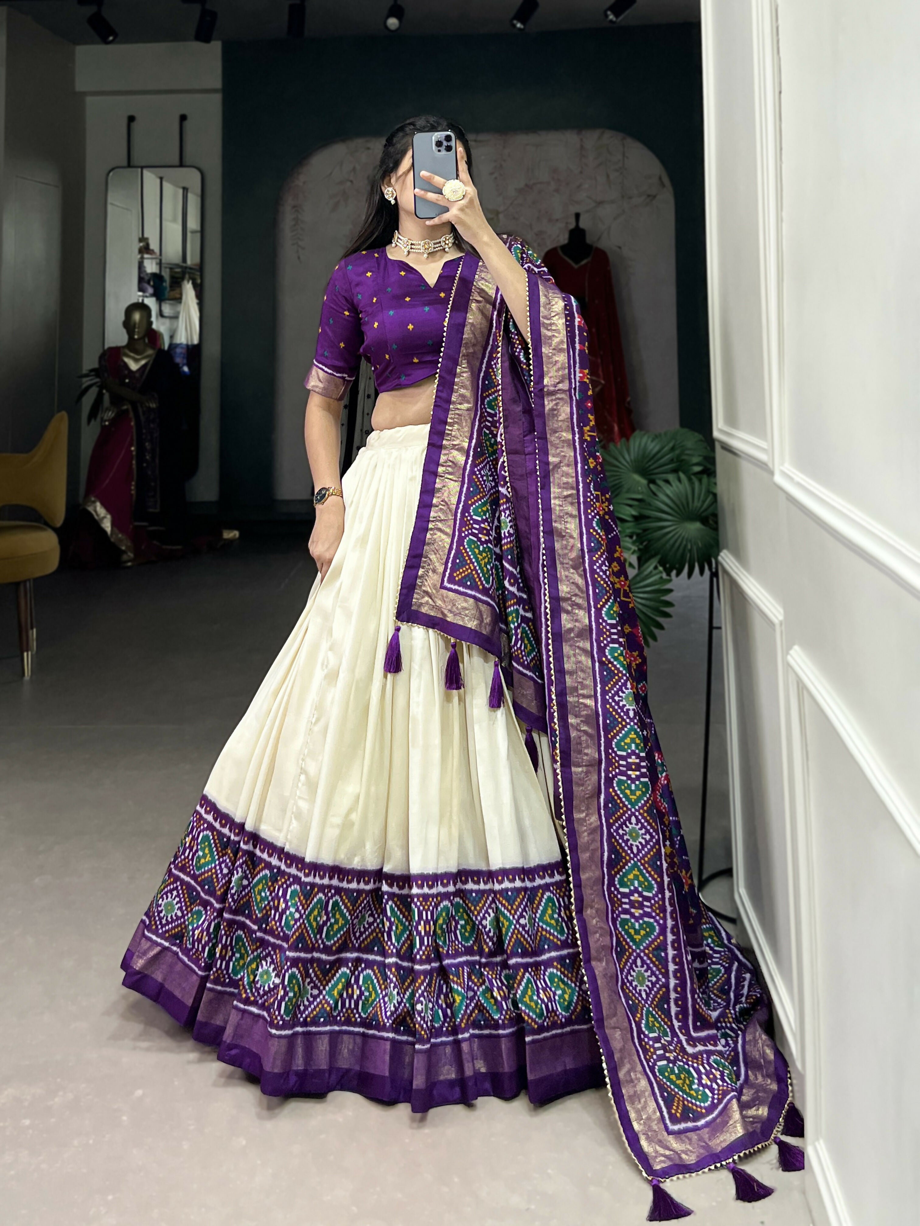Lorenvalley Offwhite and Purple Tussar Silk Patola Print Lehenga Choli