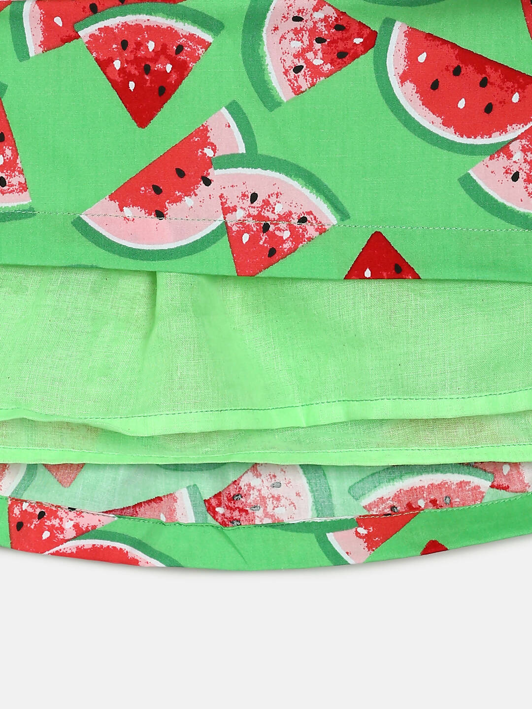 Manet Girls Cotton V Neck Frill Frock Watermelon Printed - Green