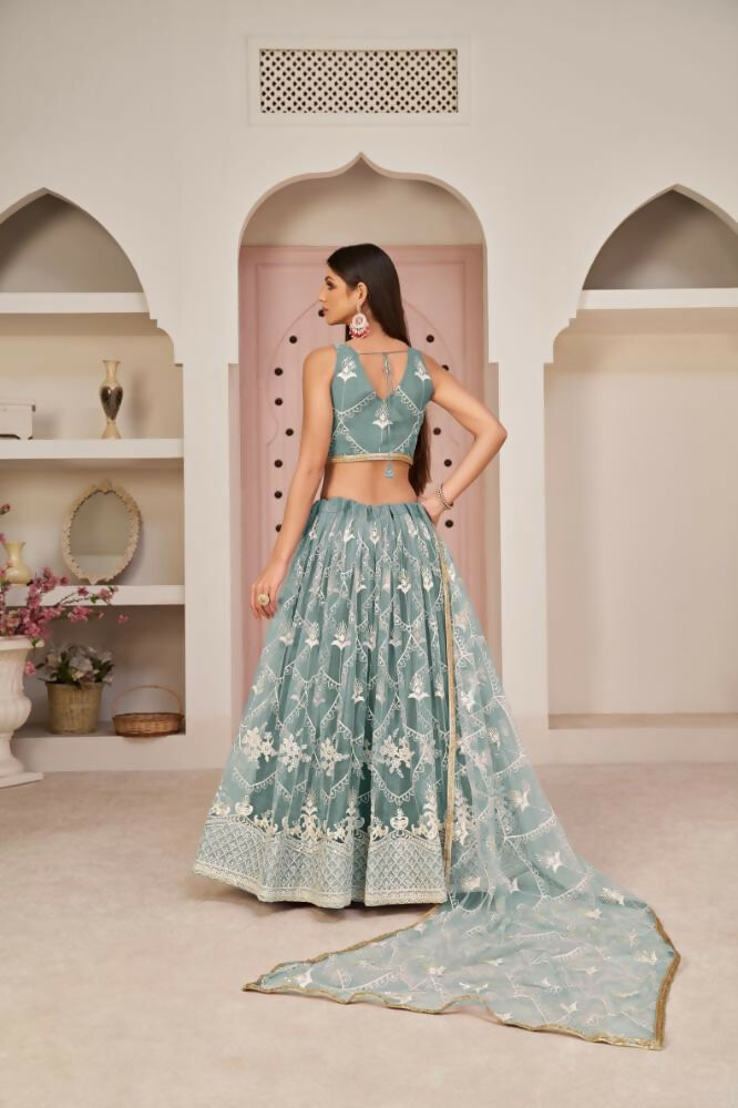 Aastha Fashion Ocean Blue Butterfly Net White Cotton Thread Work, Zari Work And Sandwich Sequence Work Embroidery Wedding Wear Lehenga Choli