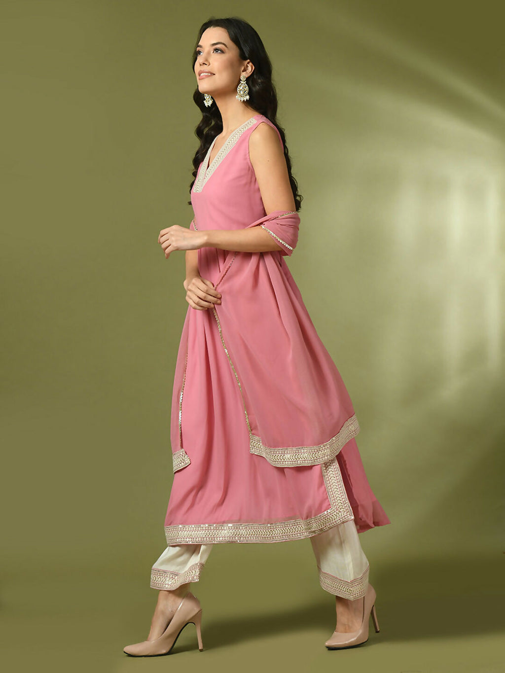 Myshka Women's Pink Solid Georgette Anarkali Party Kurta Set With Dupatta