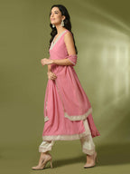 Myshka Women's Pink Solid Georgette Anarkali Party Kurta Set With Dupatta