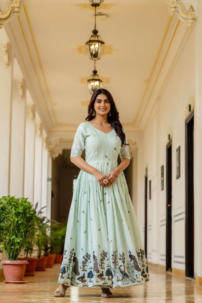 Teeya Creation Mint Green Chinnon Heavy Work Long Wedding Gown - Distacart
