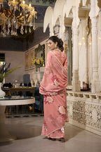 Vastranavya Orange Spectacular Georgette Printed with Pearl Lace Saree with Unstitched Blouse - Distacart