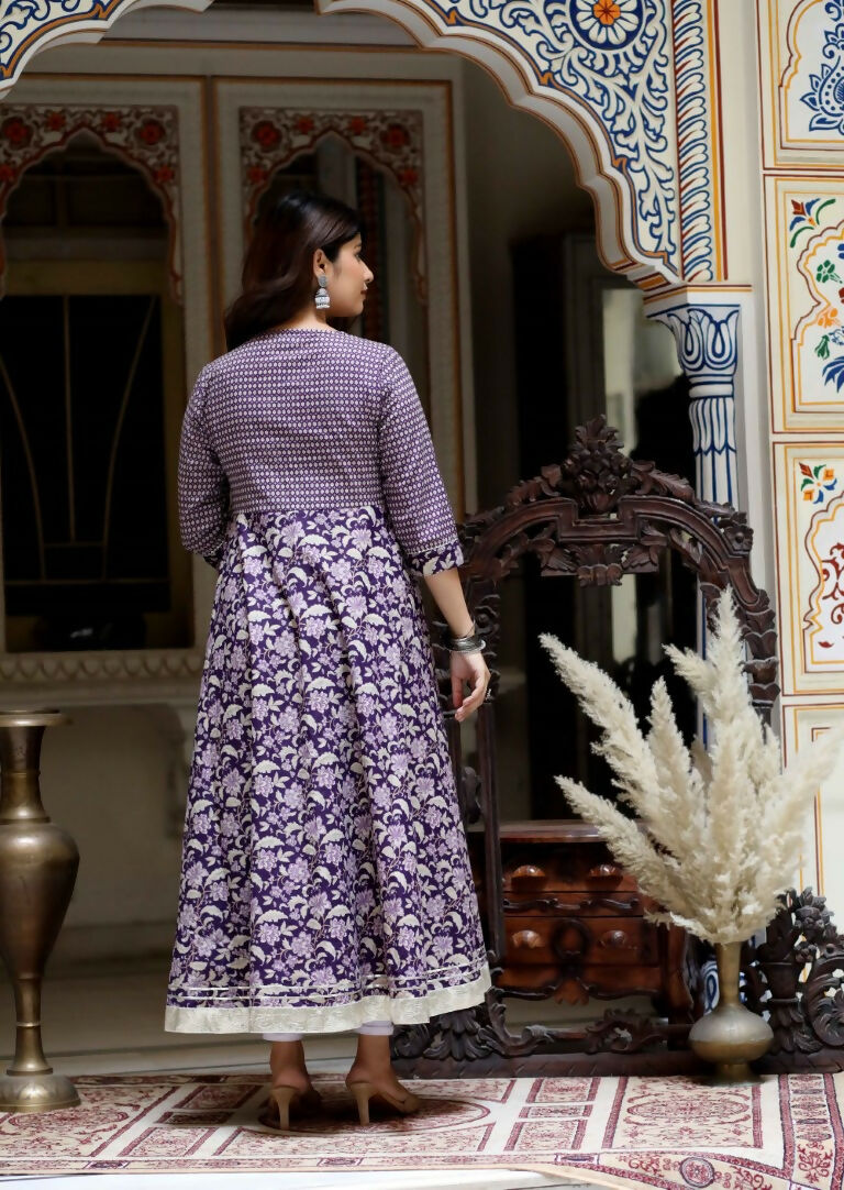 Miravan Women's Purple Cotton Floral Gota Lace Work Anarkali Kurta