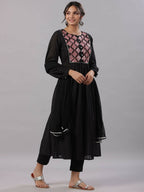 Juniper Women's Black Cotton Dobby Solid With Embroidery Flared Kurta Sets - Distacart