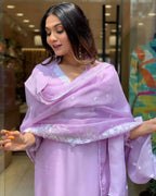 The52 Lavender Women's Gorgeous Embroidered Georgette Fabric Straight Kurta Pant with Dupatta Set - Distacart