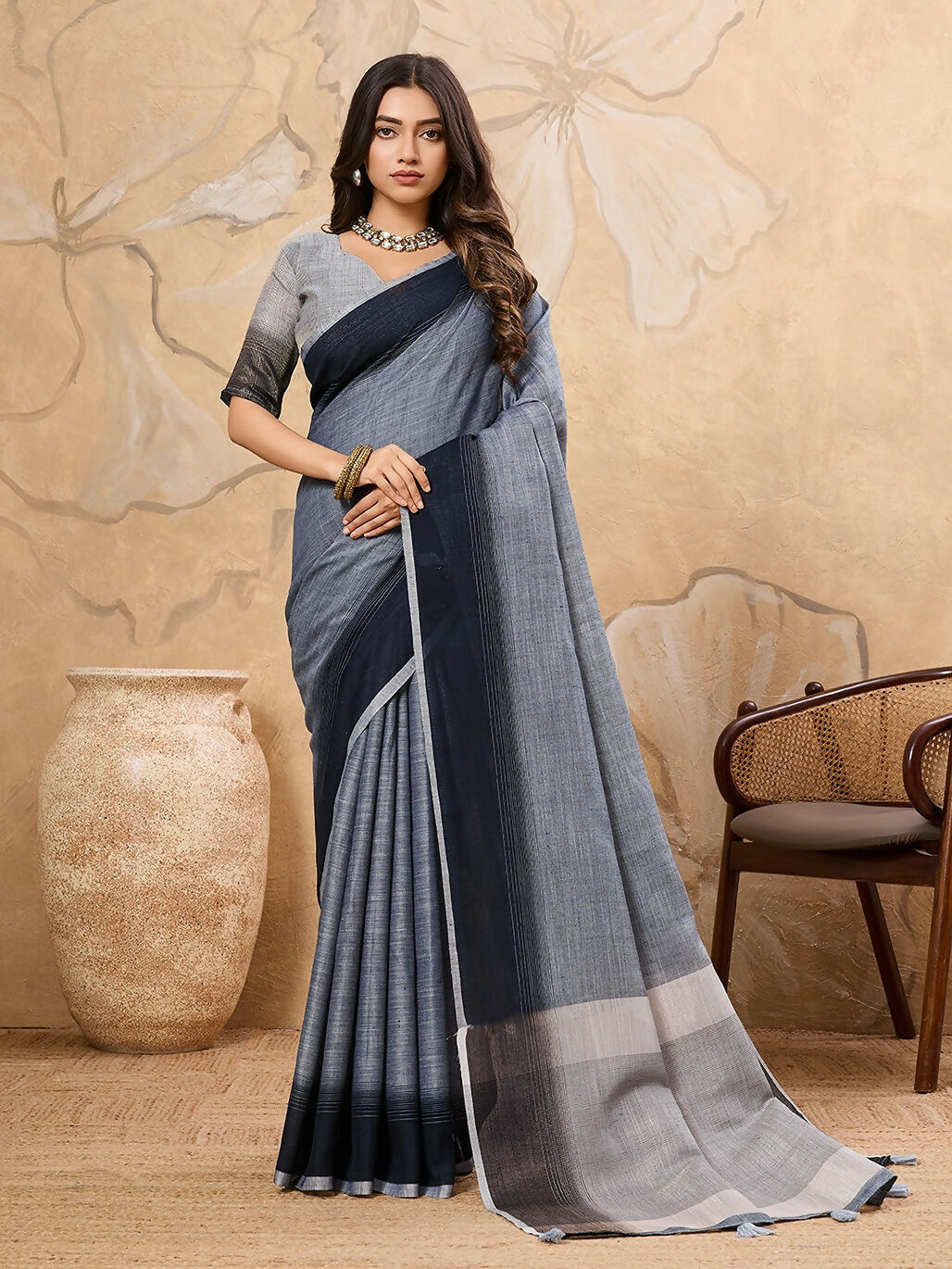 Shree Shyam Fashion Denim Grey Linen Saree - Distacart