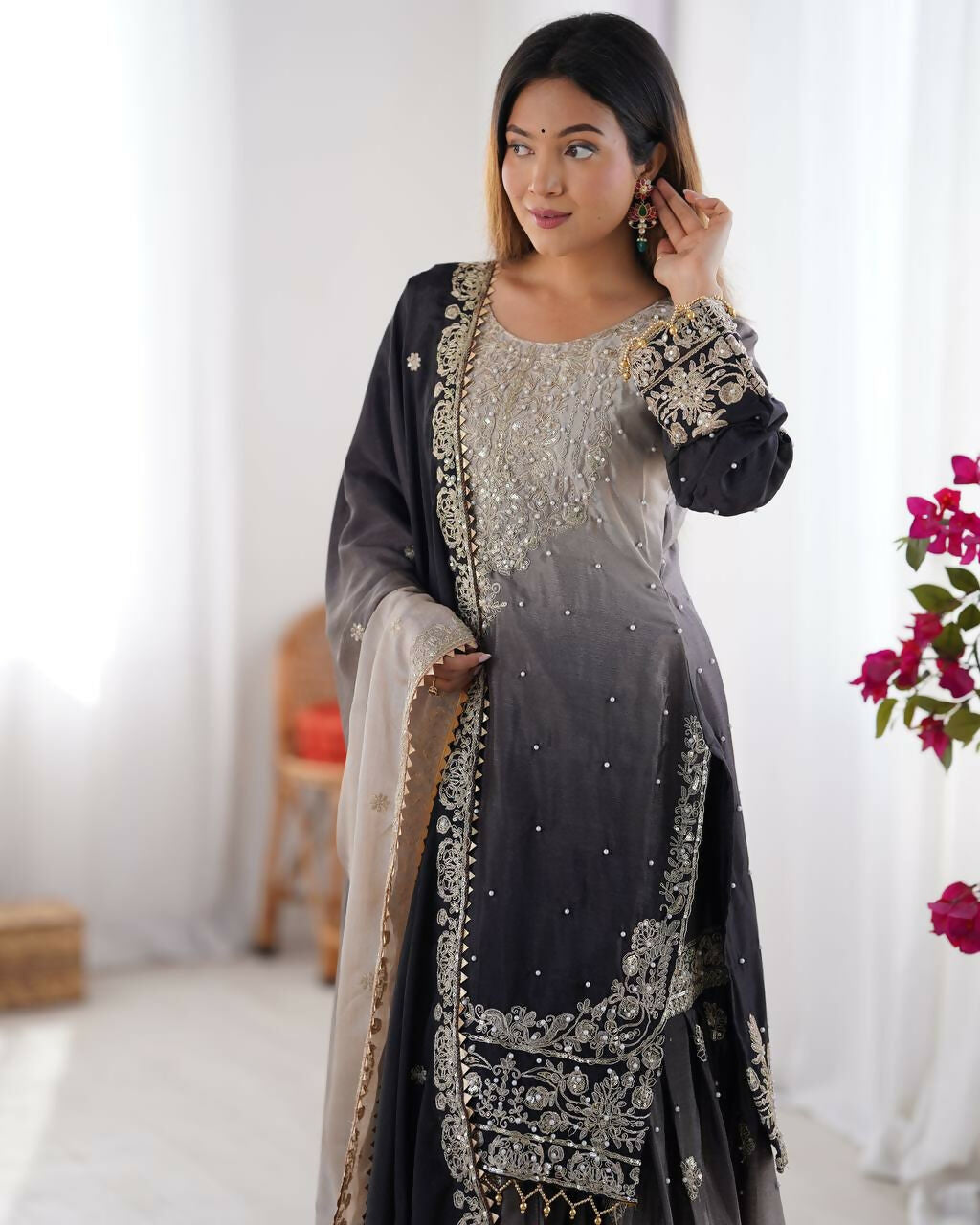 The52 Women's Beautiful Chinon silk Fabric Embroidery Work Straight Kurta Palazzo and Dupatta Set - Distacart