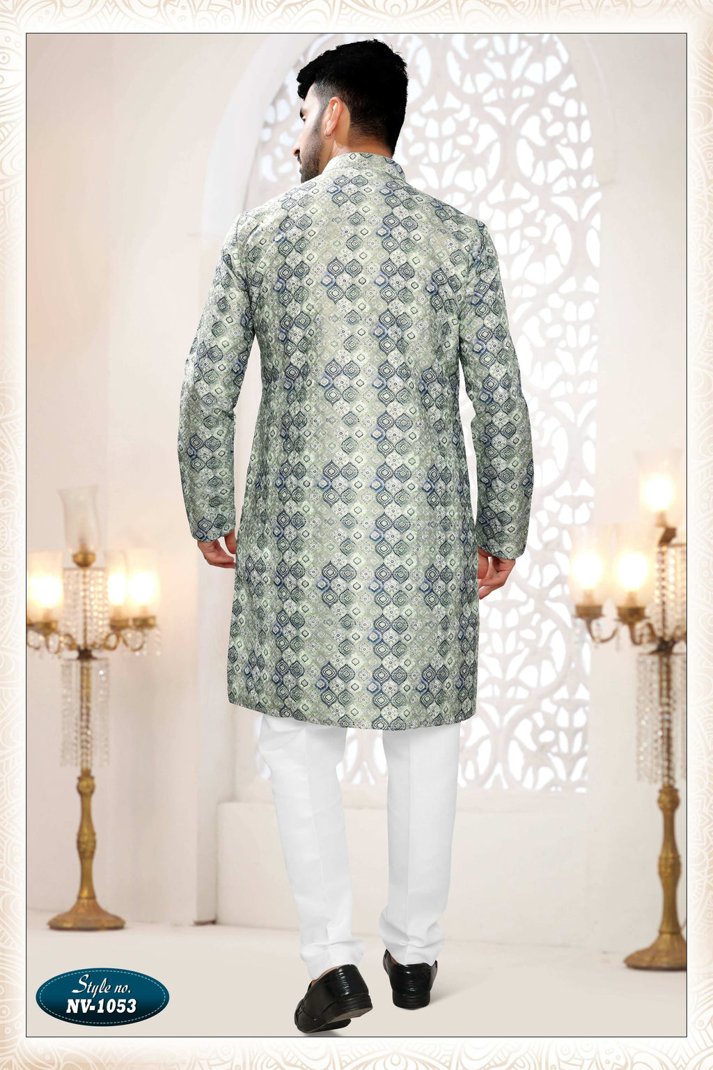 Joban Fashion Men's Green & Blue Straight Silk Thread And Sequence Embroidery All Over Kurta Set