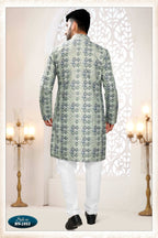 Joban Fashion Men's Green & Blue Straight Silk Thread And Sequence Embroidery All Over Kurta Set