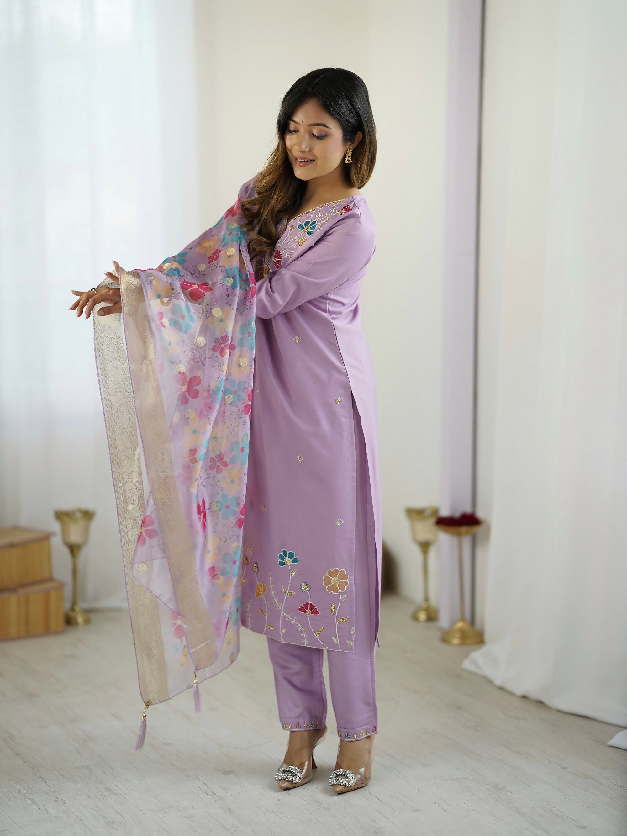 The52 Lavender Women's Gorgeous Embroidered work Viscose Gadhwal Fabric Straight Kurta, Pant and Dupatta Set - Distacart
