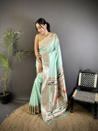 Joban Fashion Sea Green Peacock & Floral Motifs Soft Lichi Silk Kanchipuram Saree - Distacart