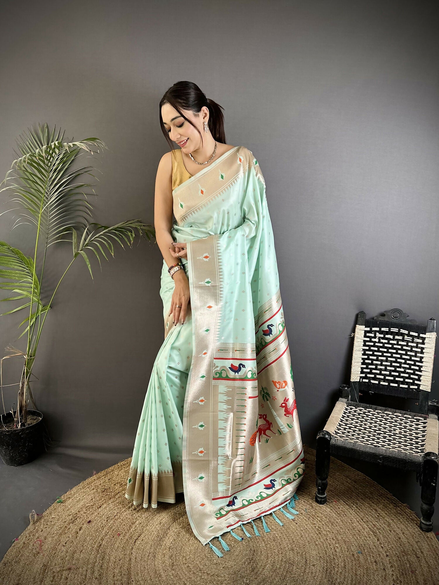 Joban Fashion Sea Green Peacock & Floral Motifs Soft Lichi Silk Kanchipuram Saree - Distacart