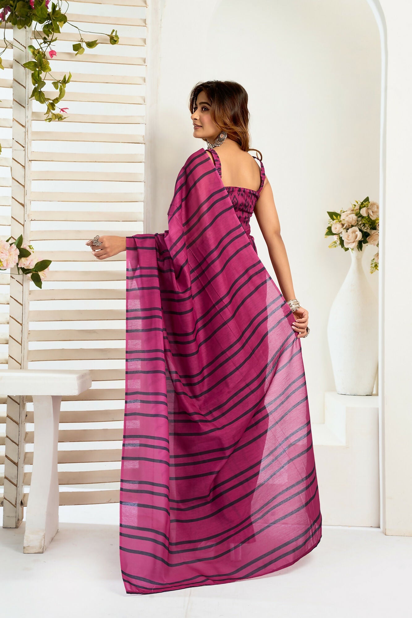 Vastranavya Magenta Digital Printed Linen Ready To Wear Designer Saree with Unstitched Blouse - Distacart
