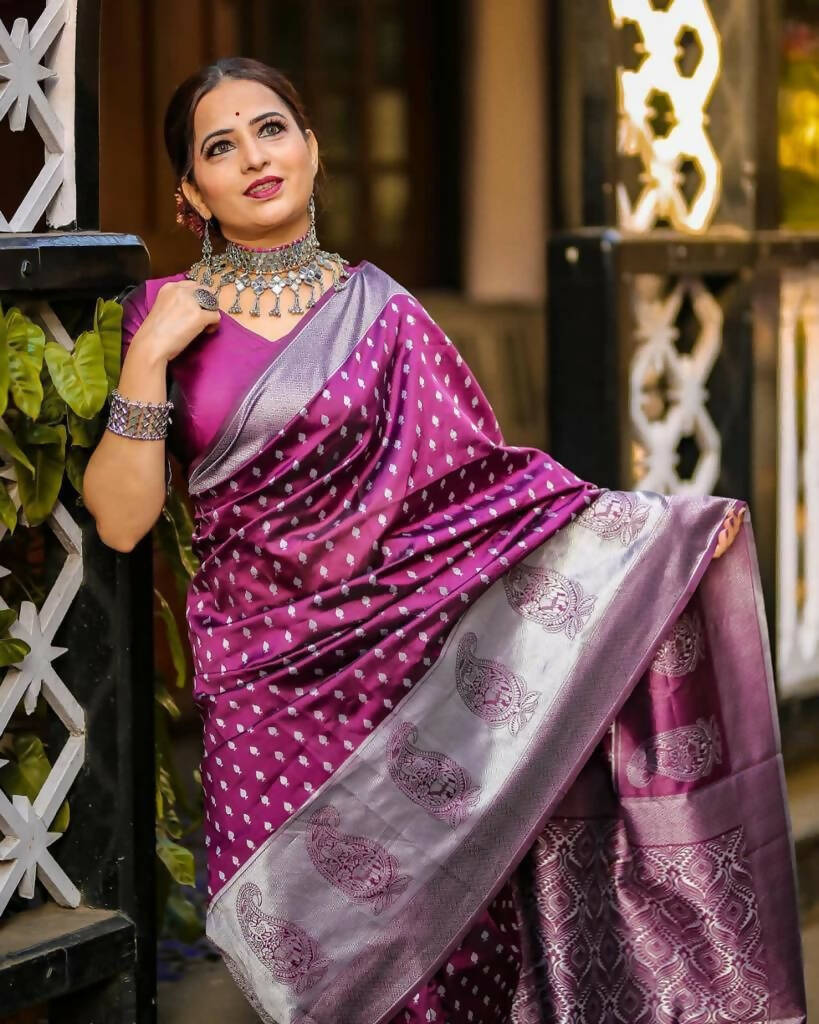 DEIANA'S Beautiful Designer Golden zari Soft Lichi Silk Saree - Wine