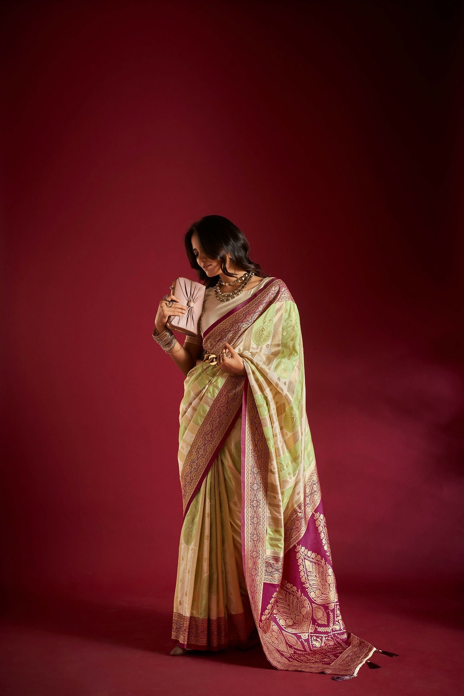 Joban Fashion Cream & Parrot Green Plain With Weaving Border Banarasi Silk Sarees