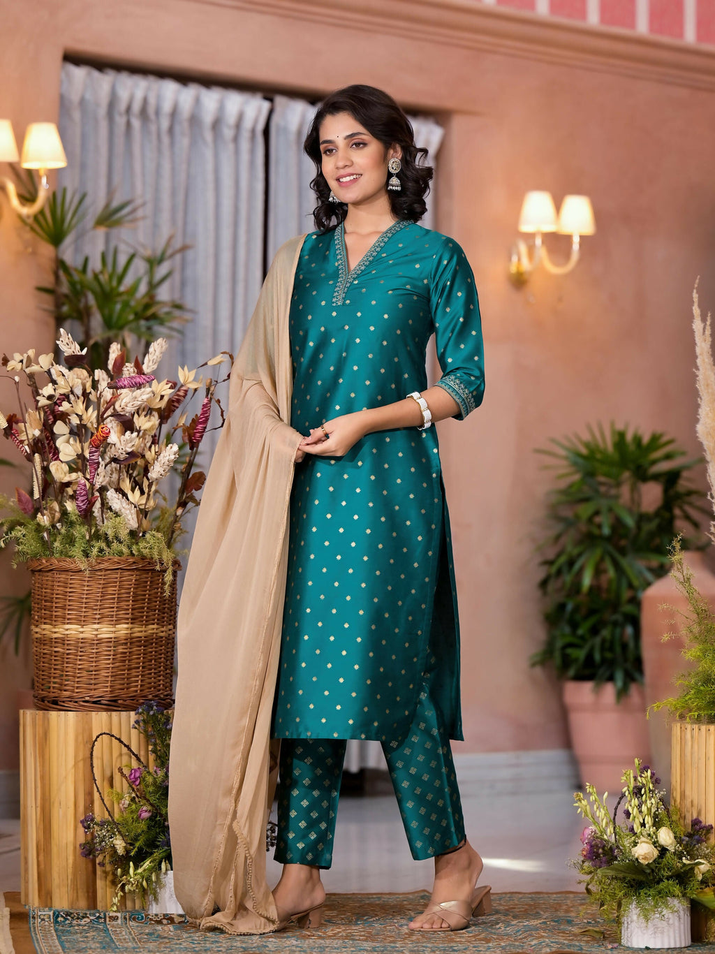Juniper Women's Rama Green Ethnic Motif Printed Cotton Kurta Pant And Dupatta Set With Zari Work