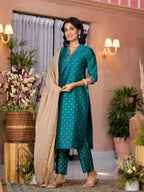 Juniper Women's Rama Green Ethnic Motif Printed Cotton Kurta Pant And Dupatta Set With Zari Work