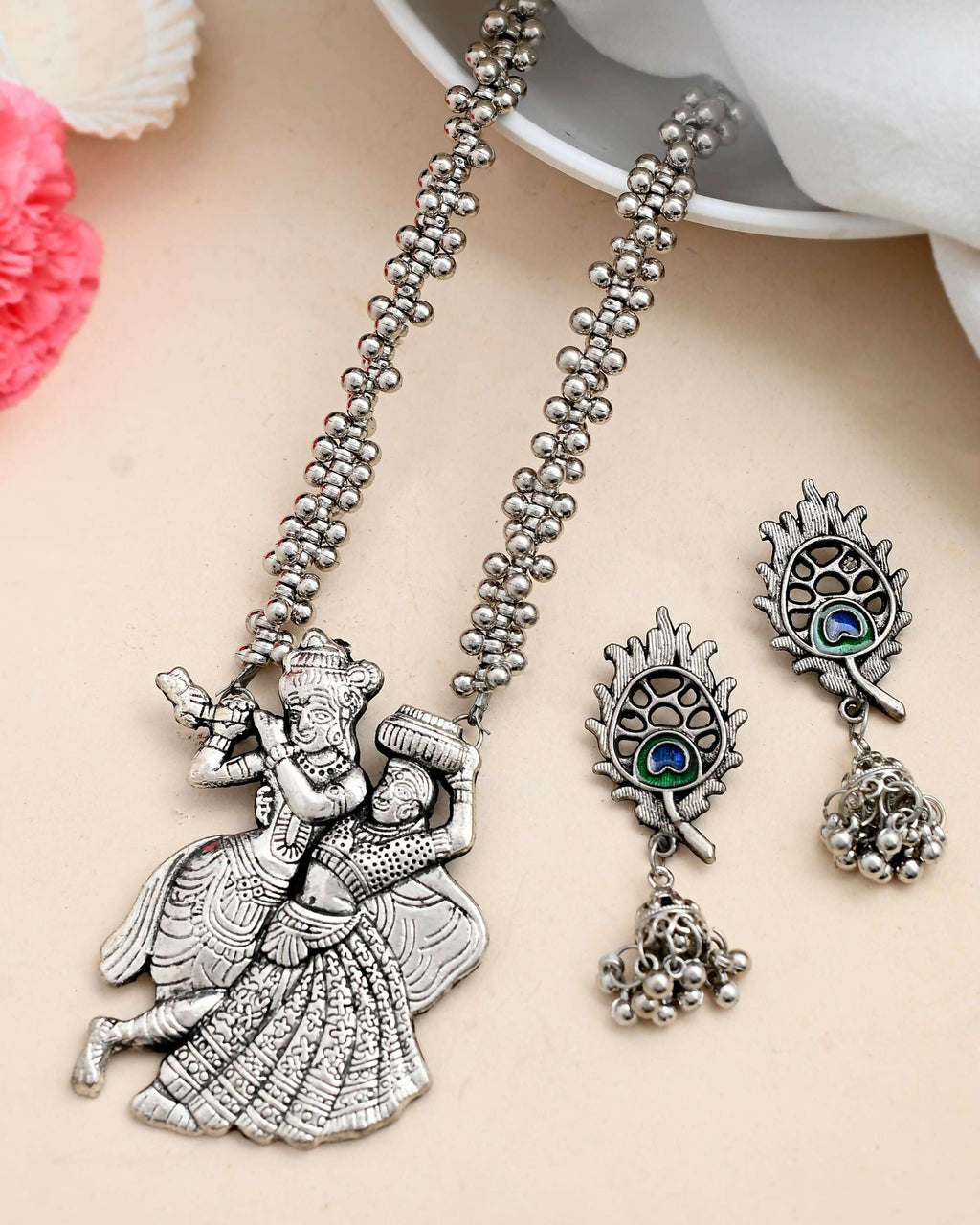 VOJ Silver Plated Oxidized Kanha Shape Long Necklace with Earring Set