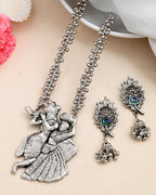 VOJ Silver Plated Oxidized Kanha Shape Long Necklace with Earring Set