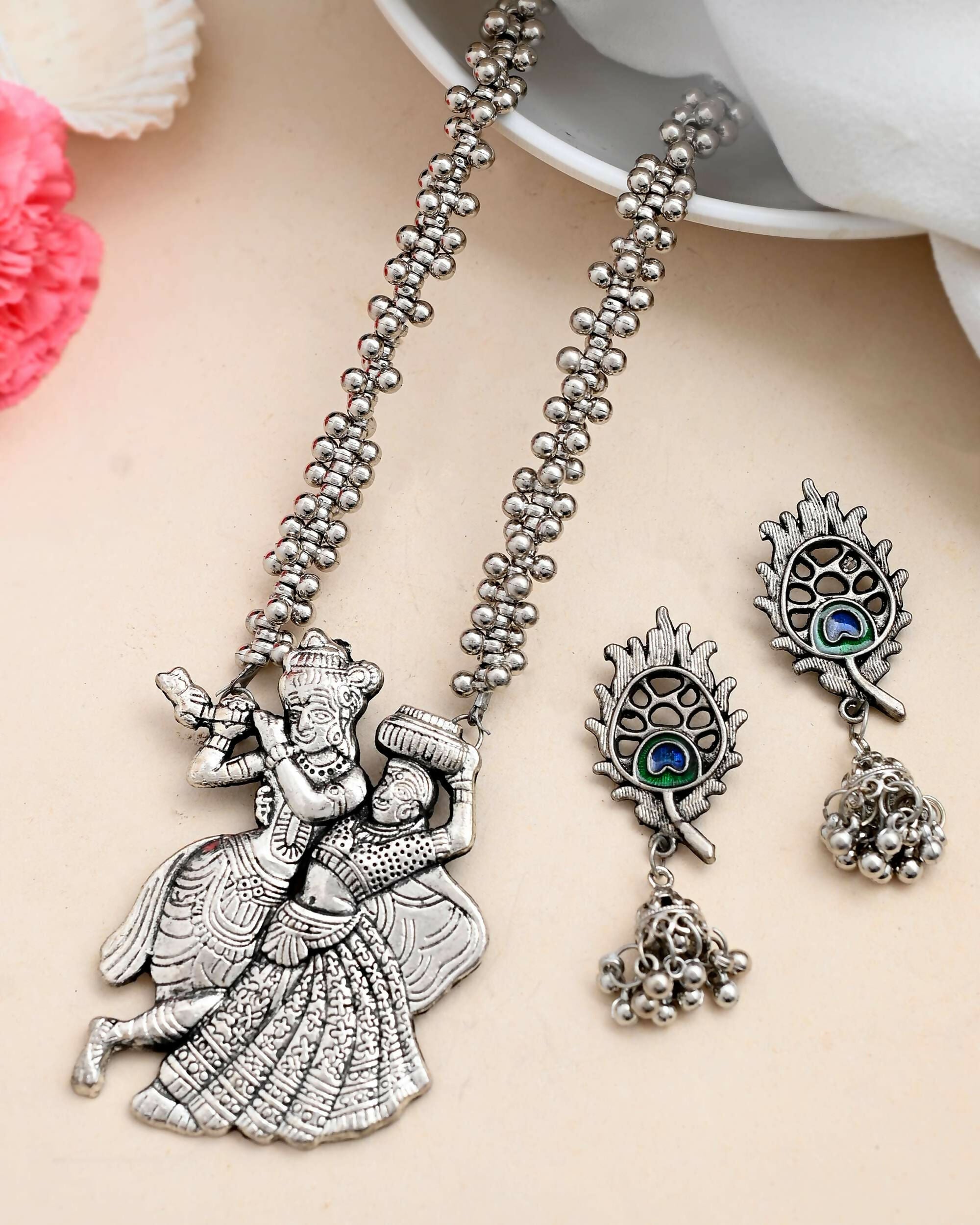 VOJ Silver Plated Oxidized Kanha Shape Long Necklace with Earring Set