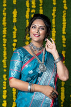 Jyoti Fashion Women's Teal Soft Handloom Silk Zari Woven Saree with Blouse