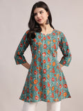 Aavyora Women's Teal Green Cotton A-Line Tunic with Red Floral Print and All-Over Pintuck Details