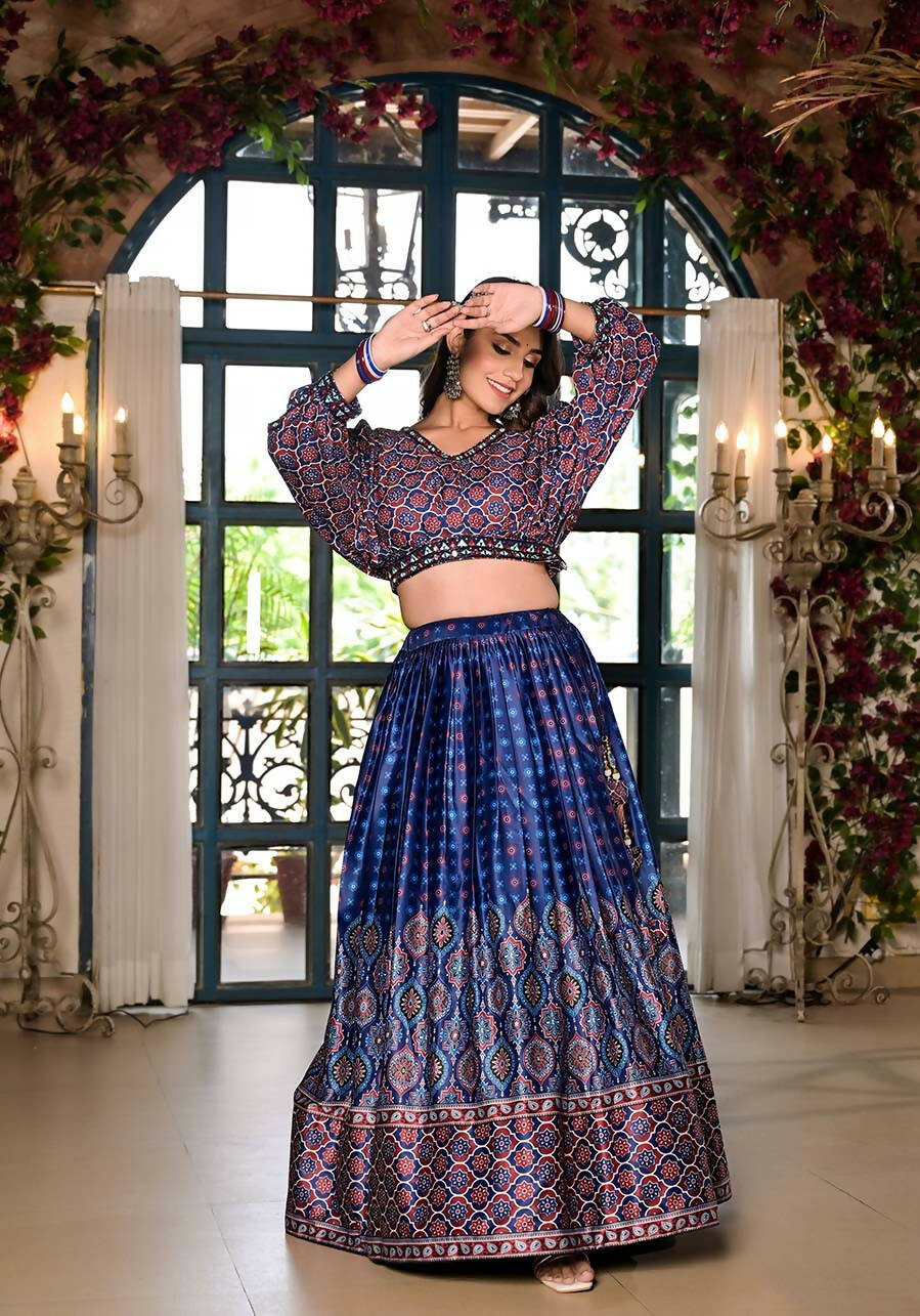 Women's Wedding Traditional Blue Dull Satin Lehenga Choli - Kaushlya