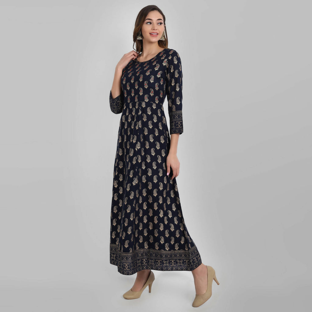 Juniper Women's Navy Rayon Printed Flared Dress - Distacart