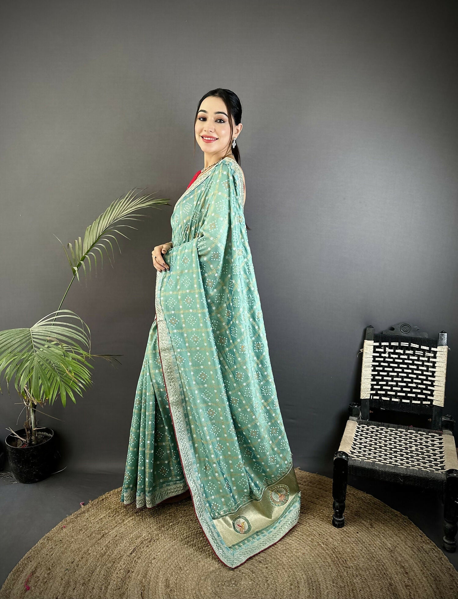 Joban Fashion Sea Green Bandhej Bandhani Vichitra Silk Bandhani Prints Saree - Distacart