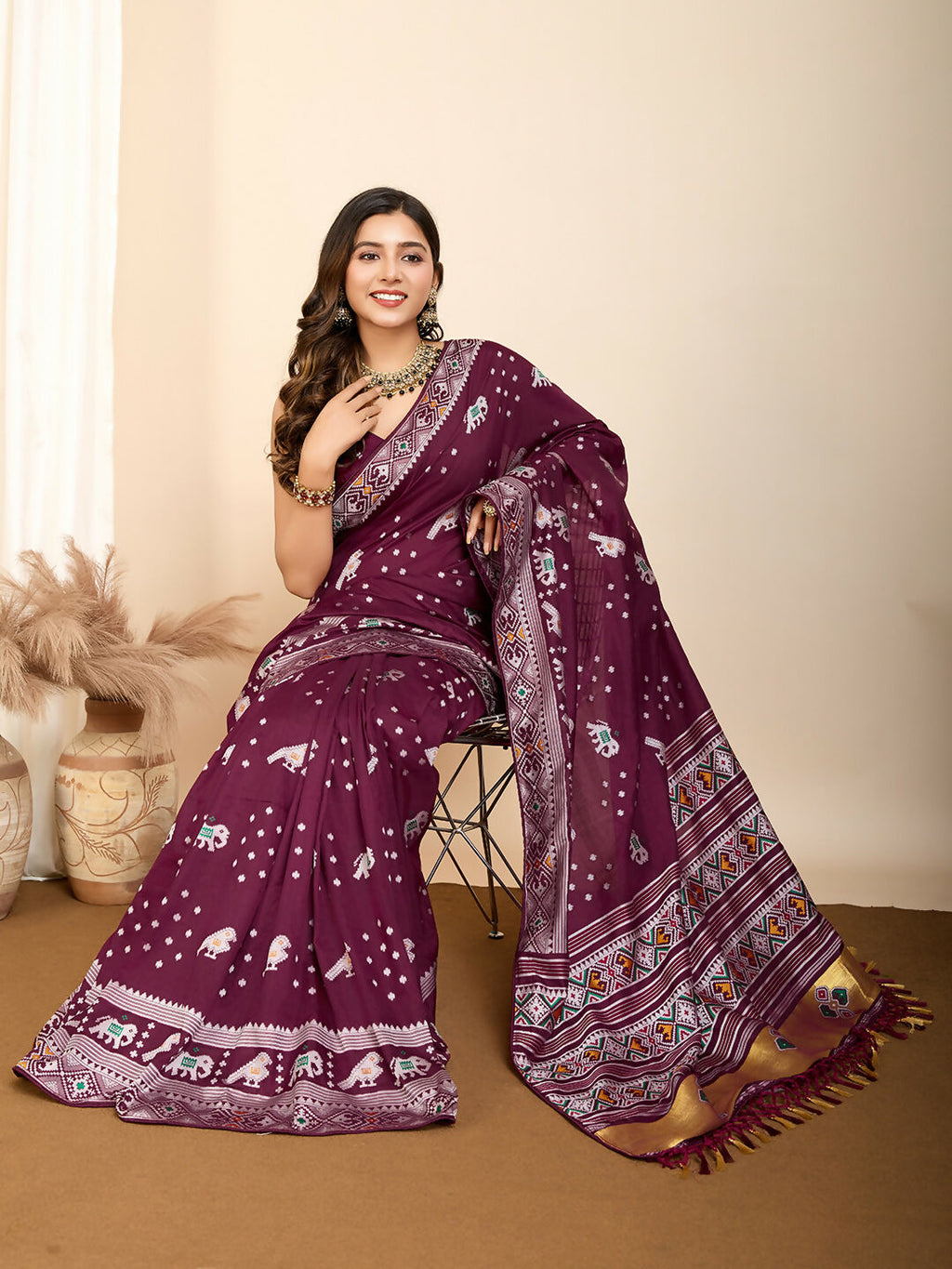 Wine Soft Silk Woven Meenakari Designer Saree - Vedanti