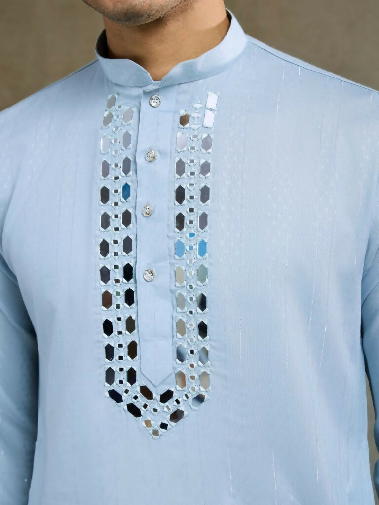 Vastranavya Sky Blue Exclusive Viscose Silk Festival Wear Real Mirror Work Kurta with Dupatta