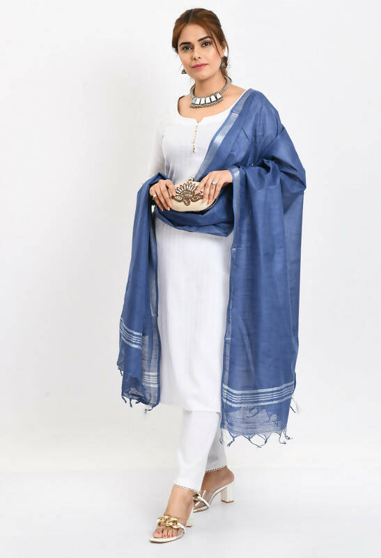Mominos Fashion Moeza Women's Linen Cotton Silver Border Blue Dupatta - Distacart