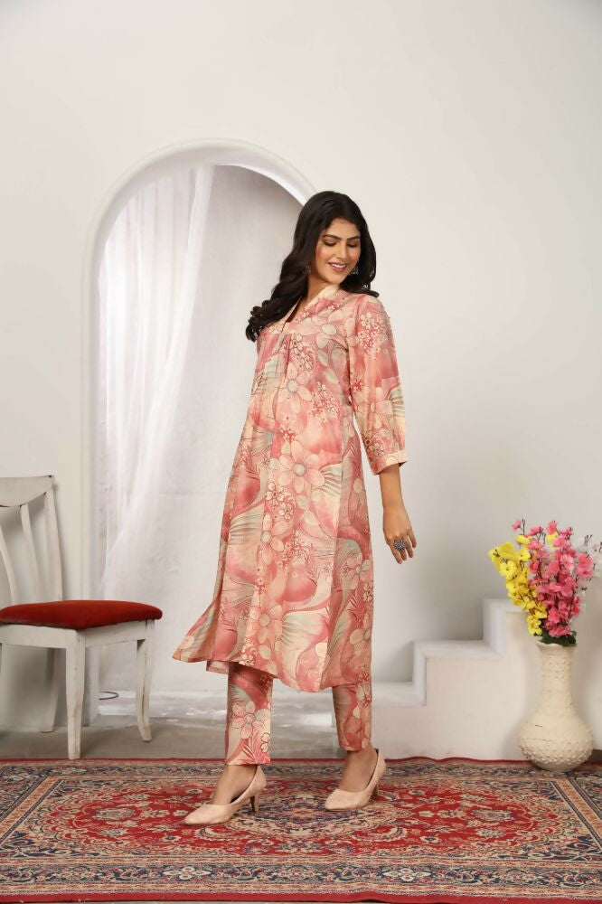 Jyoti Fashion Women's Peach Rayon Floral Print with Side Pocket Kurtis & Sets