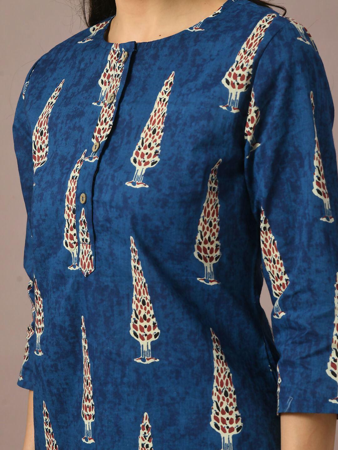 Myshka Women's Blue Printed Cotton Round Neck Party Tunic With Trousers Co-ord set