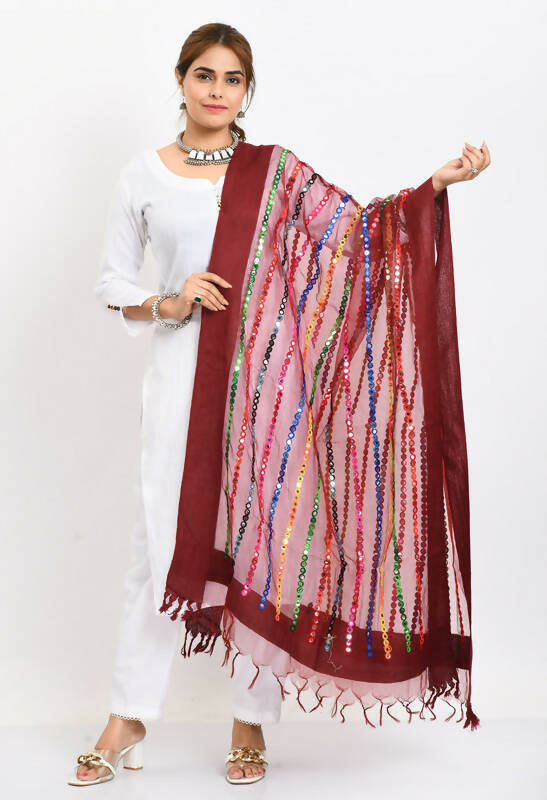 Mominos Fashion Moeza Women's Orgenza Multi Thread Mirror Work Maroon Dupatta - Distacart