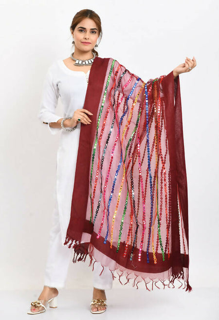 Mominos Fashion Moeza Women's Orgenza Multi Thread Mirror Work Maroon Dupatta