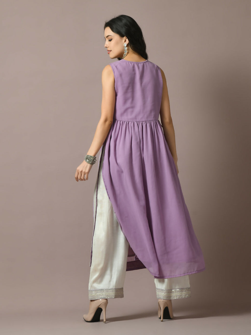 Myshka Women's Lavender Solid Georgette Anarkali Party Kurta Set