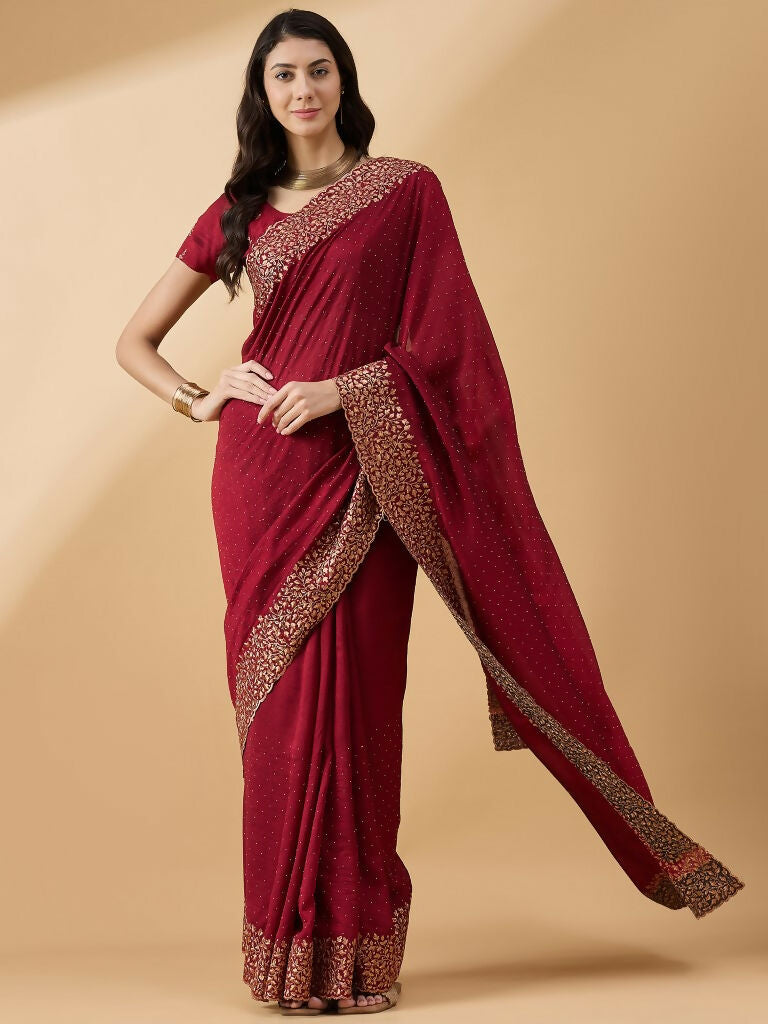 Maroon Silk Blend Embroidered Saree with Unstitched Blouse - Vairagi