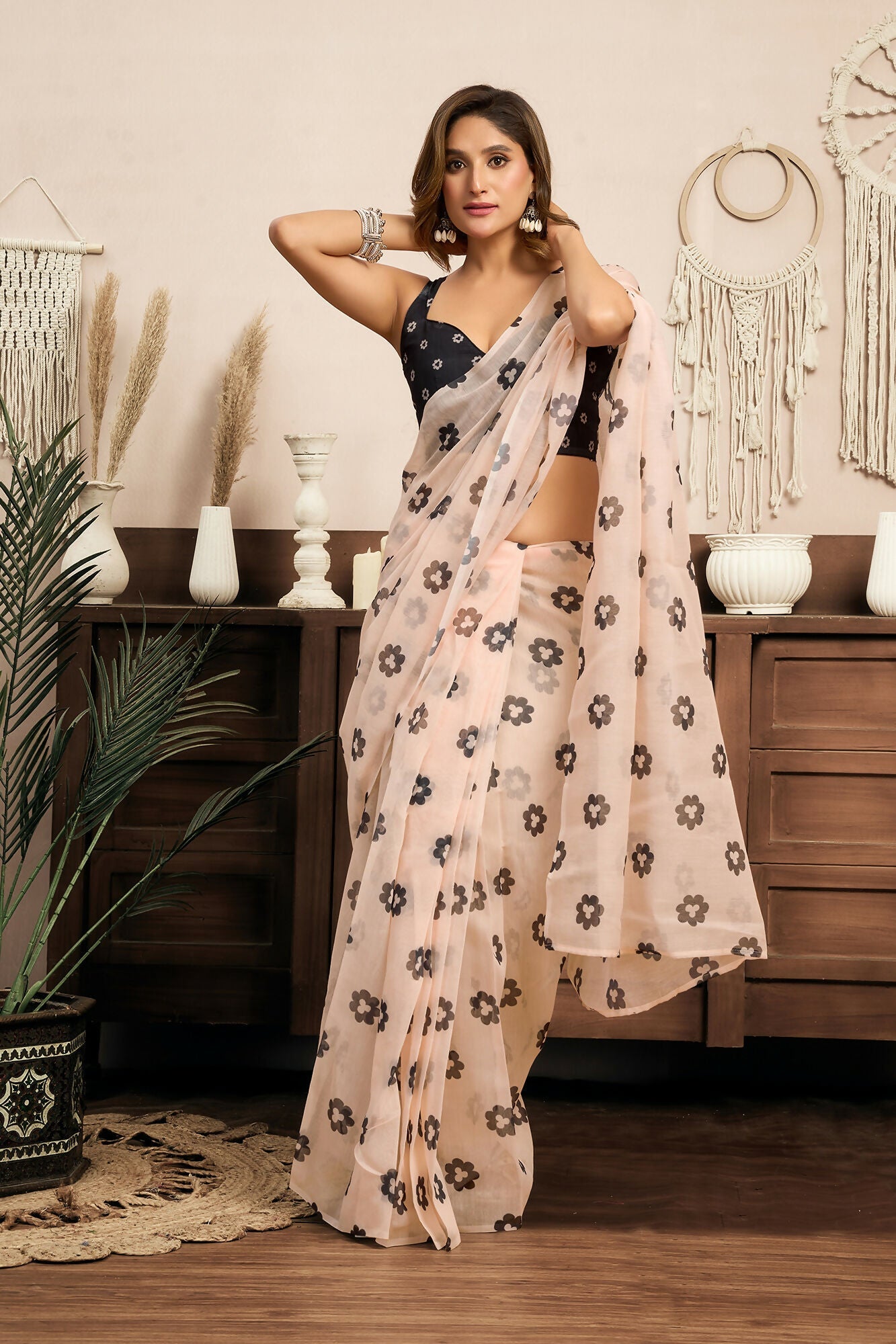 Vastranavya Cream Digital Printed Linen Ready To Wear Designer Saree with Unstitched Blouse - Distacart