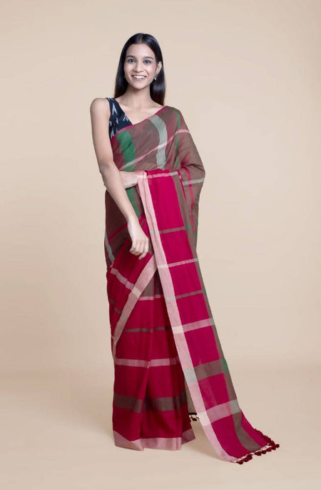 Suta Women Maroon Green Pure Handloom Cotton Saree