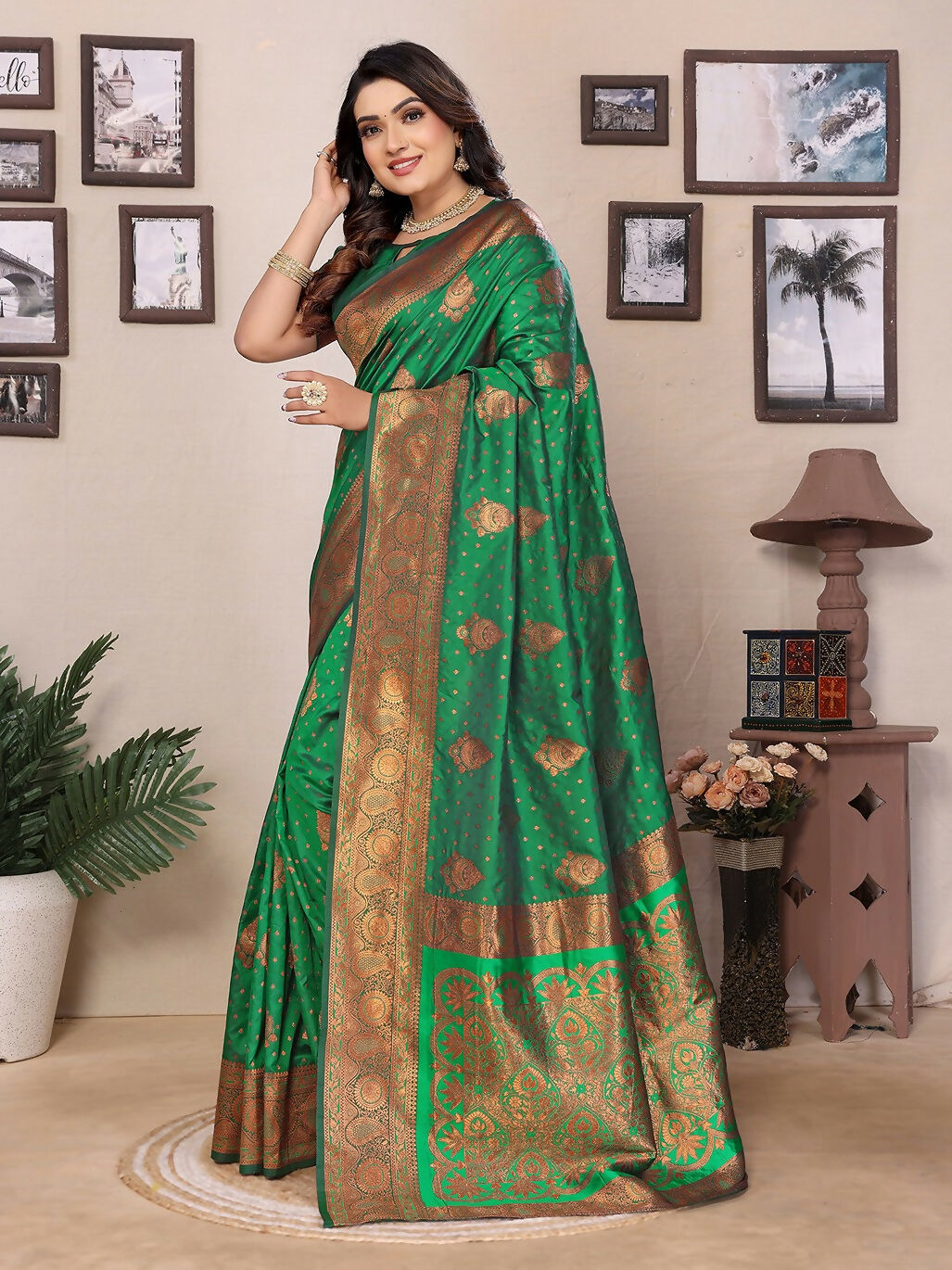 Joban Fashion Banarasi Green Woven Soft Silk Saree - Distacart