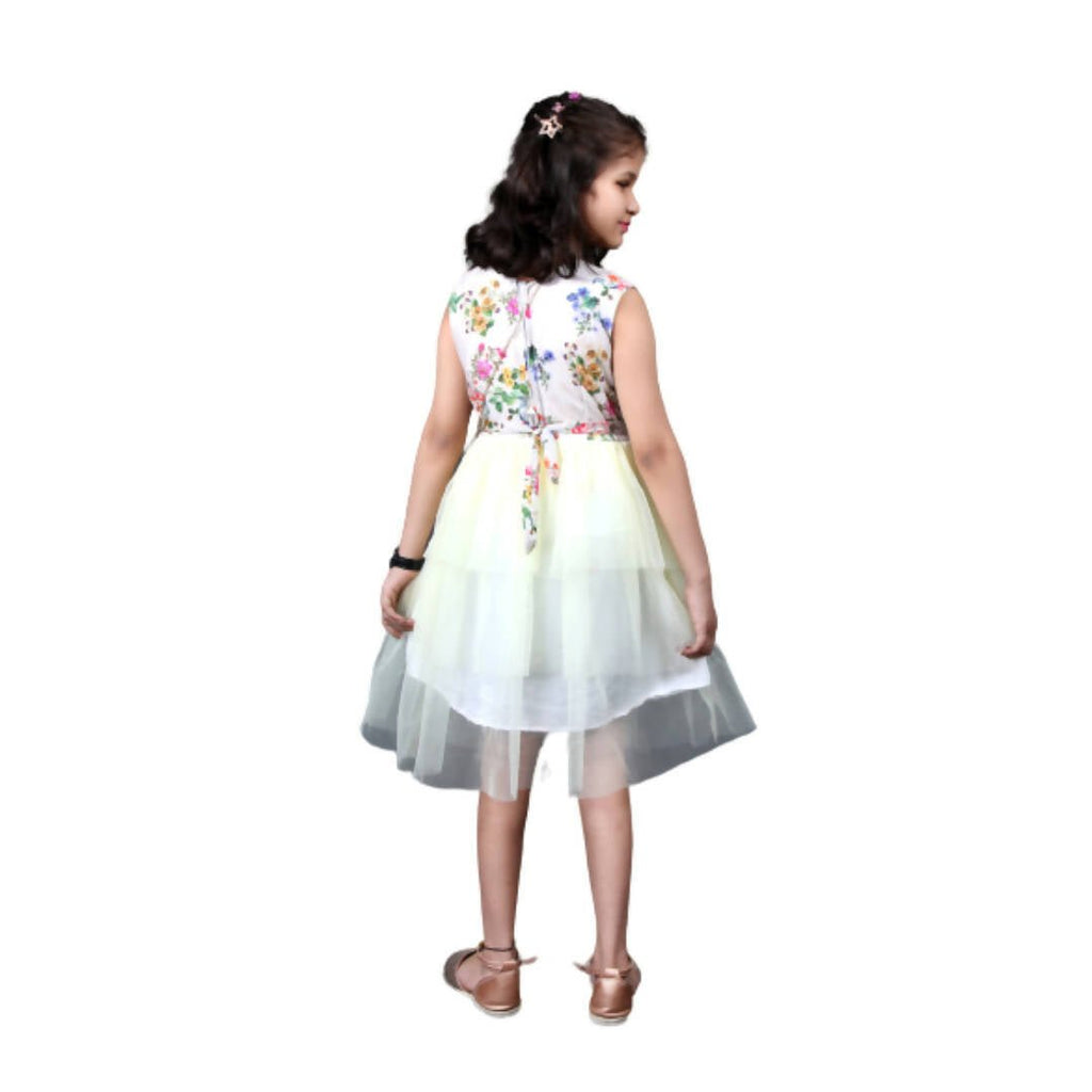 Akarshan Cotton Blend Floral Barbie Frock With Three Layered White Net - Cream & White